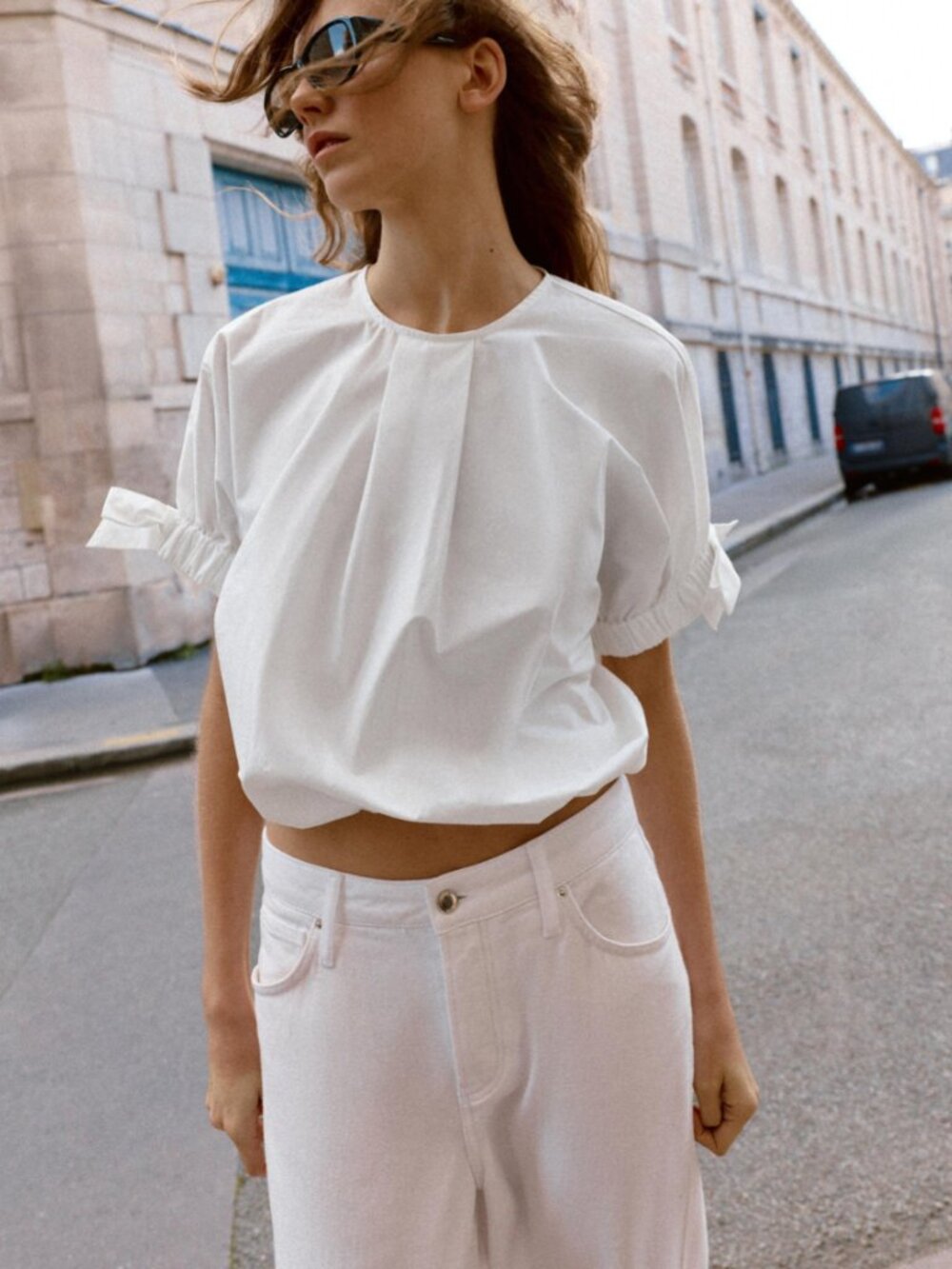 Zara White Cotton Bow Balloon Sleeve Cropped Top